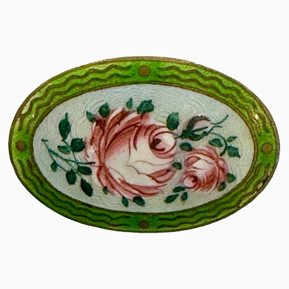 Vintage Enamel Guilloche Brooch Roses Flower C Clasp Czechoslovakia Oval